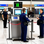 **Prompt:** A busy airport security checkpoint with professional security personnel using advanced screening technology. Focus on the expertise and diligence of the staff ensuring passenger safety. Modern equipment and a sense of calm efficiency are key.