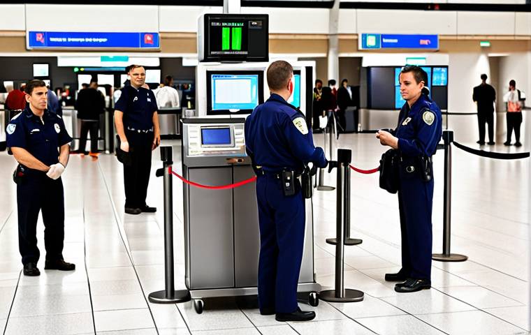 **Prompt:** A busy airport security checkpoint with professional security personnel using advanced screening technology. Focus on the expertise and diligence of the staff ensuring passenger safety. Modern equipment and a sense of calm efficiency are key.