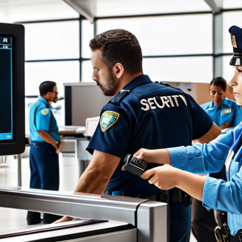 **

A bustling airport security checkpoint. An X-ray screener intently examines a monitor displaying a luggage image. In the background, a security officer is conducting a pat-down search, with subtle AI overlay graphics highlighting potential threat areas on the person's body. The scene conveys teamwork, technology, and vigilance. Focus on realistic detail and professional atmosphere.

**