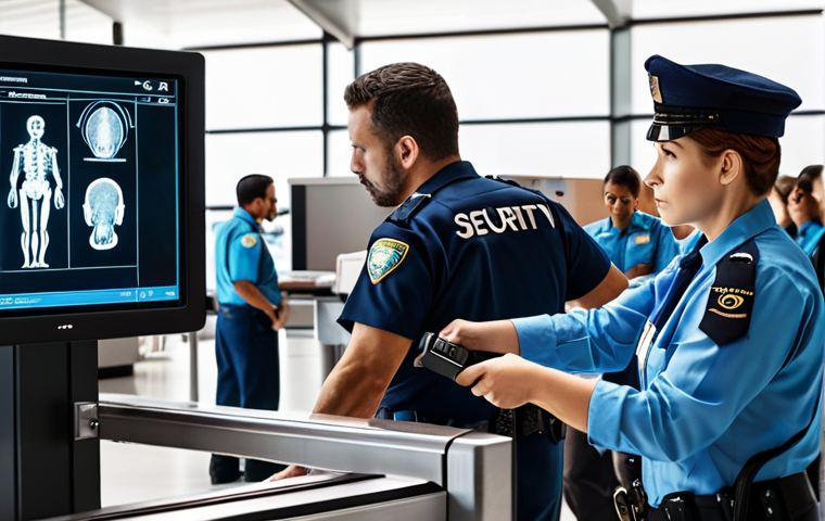 **

A bustling airport security checkpoint. An X-ray screener intently examines a monitor displaying a luggage image. In the background, a security officer is conducting a pat-down search, with subtle AI overlay graphics highlighting potential threat areas on the person's body. The scene conveys teamwork, technology, and vigilance. Focus on realistic detail and professional atmosphere.

**