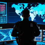 **
    "A sleek, futuristic aviation security control center at dusk. In the foreground, a professional security officer, seen in silhouette, stands vigil. Multiple transparent holographic screens surround them, displaying intricate data visualizations of global cyber threat maps, live drone detection feeds, and abstract representations of digital security protocols. The atmosphere is intensely focused and vigilant, symbolizing a high-tech 'shield' actively defending against evolving, unseen threats in the digital and aerial space. Soft, glowing UI elements illuminate the scene, emphasizing cutting-edge technology and human expertise."

2.  **Prompt for