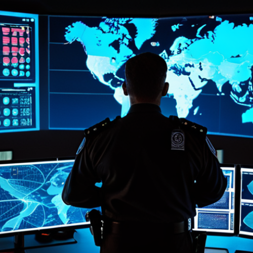 **
    "A sleek, futuristic aviation security control center at dusk. In the foreground, a professional security officer, seen in silhouette, stands vigil. Multiple transparent holographic screens surround them, displaying intricate data visualizations of global cyber threat maps, live drone detection feeds, and abstract representations of digital security protocols. The atmosphere is intensely focused and vigilant, symbolizing a high-tech 'shield' actively defending against evolving, unseen threats in the digital and aerial space. Soft, glowing UI elements illuminate the scene, emphasizing cutting-edge technology and human expertise."

2.  **Prompt for