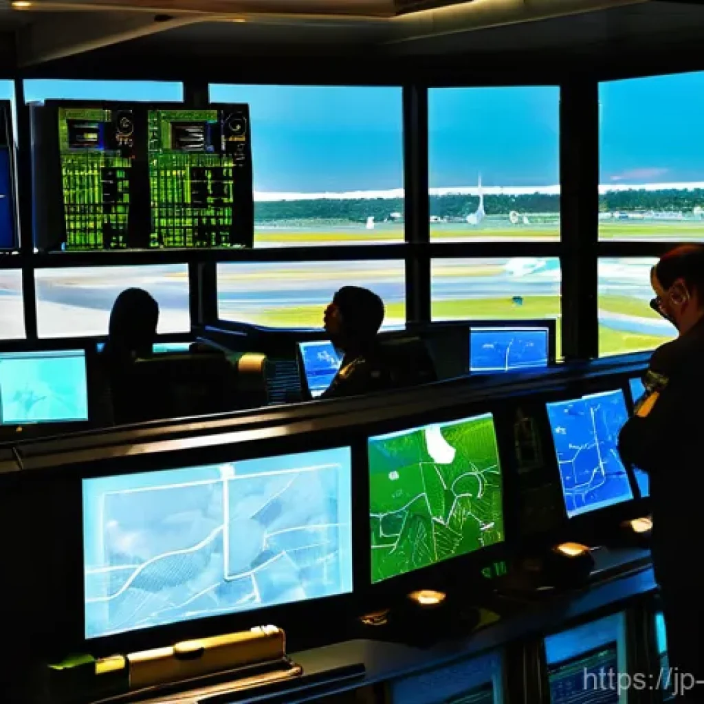 항공보안관리사와 공항 운영 사례 - The Silent Guardians: Air Traffic Control in Action**

*   **Subject**: A panoramic, highly detailed...