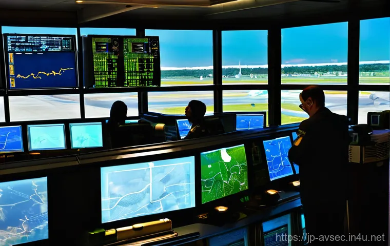 항공보안관리사와 공항 운영 사례 - The Silent Guardians: Air Traffic Control in Action**

*   **Subject**: A panoramic, highly detailed...