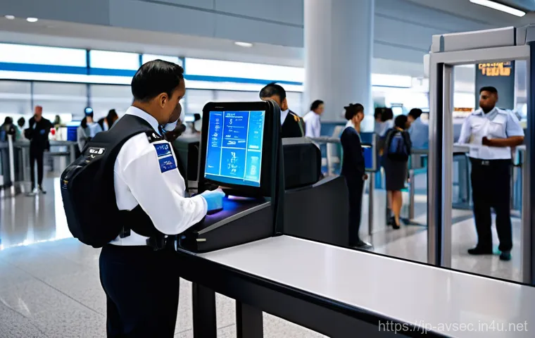항공보안관리사 실무 훈련 기법 - **"A bustling, brightly lit modern airport security checkpoint. In the foreground, a highly detailed...