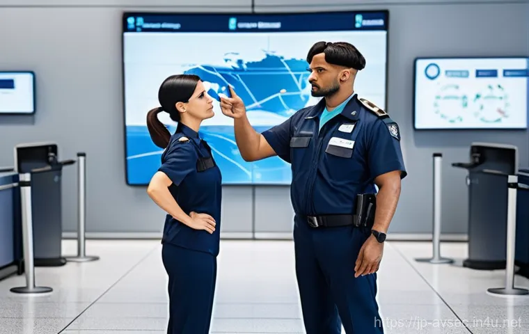 항공보안관리사 실무 훈련 기법 - **"A bustling, brightly lit modern airport security checkpoint. In the foreground, a highly detailed...