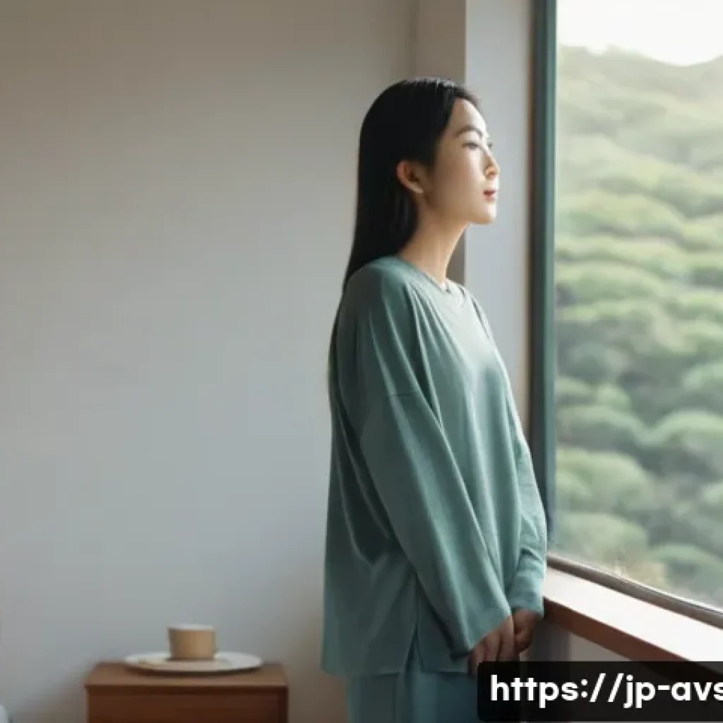 항공보안관리사 업무 스트레스 관리 - **Prompt:** A serene and calming morning scene featuring a Japanese woman in her late 20s. She is dr...