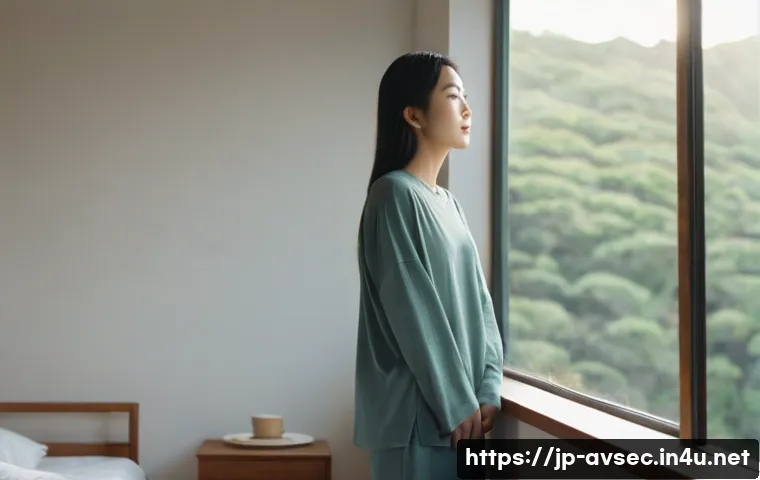 항공보안관리사 업무 스트레스 관리 - **Prompt:** A serene and calming morning scene featuring a Japanese woman in her late 20s. She is dr...