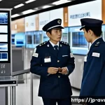 항공보안관리사 직무 인터뷰 사례 - A tense airport security checkpoint scene featuring a Japanese Aviation Security Officer wearing a n...