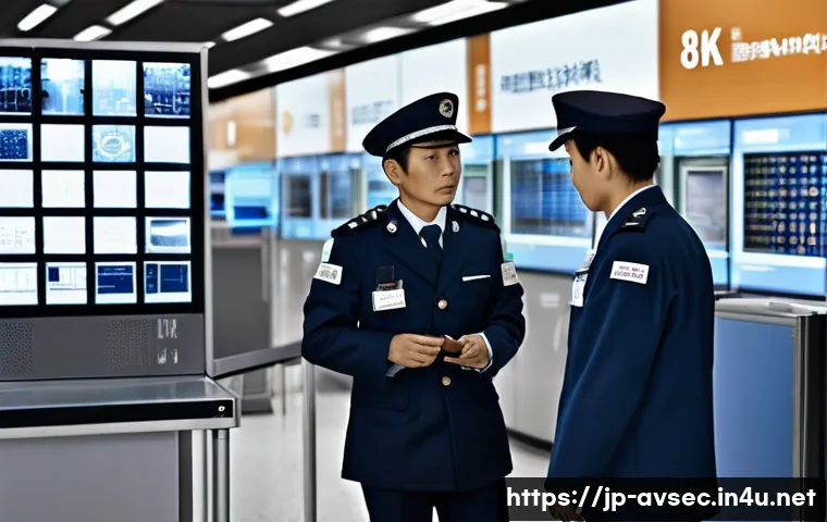 항공보안관리사 직무 인터뷰 사례 - A tense airport security checkpoint scene featuring a Japanese Aviation Security Officer wearing a n...