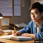 항공보안관리사 자격증 실패 원인 분석 - A focused Japanese adult student studying diligently at a modern desk cluttered with aviation securi...