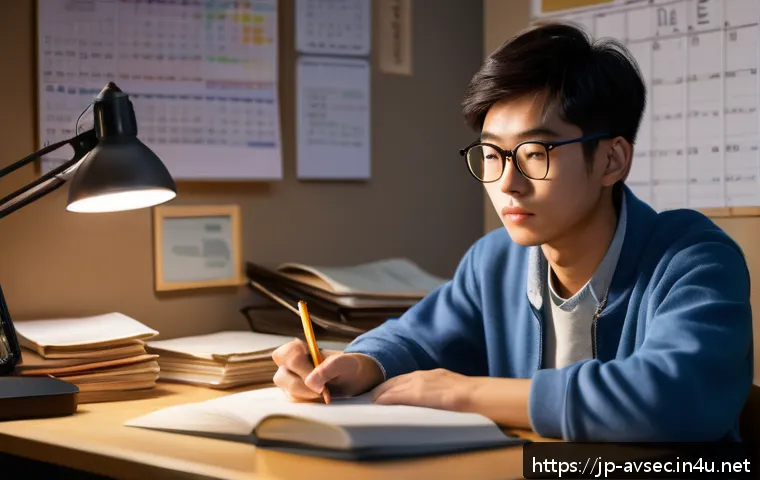 항공보안관리사 자격증 실패 원인 분석 - A focused Japanese adult student studying diligently at a modern desk cluttered with aviation securi...