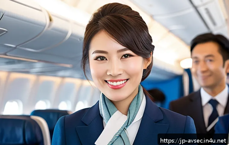 항공보안관리사와 승객 대면 서비스 - A professional female airline flight attendant in a modern uniform with a neat hairstyle, wearing a ...