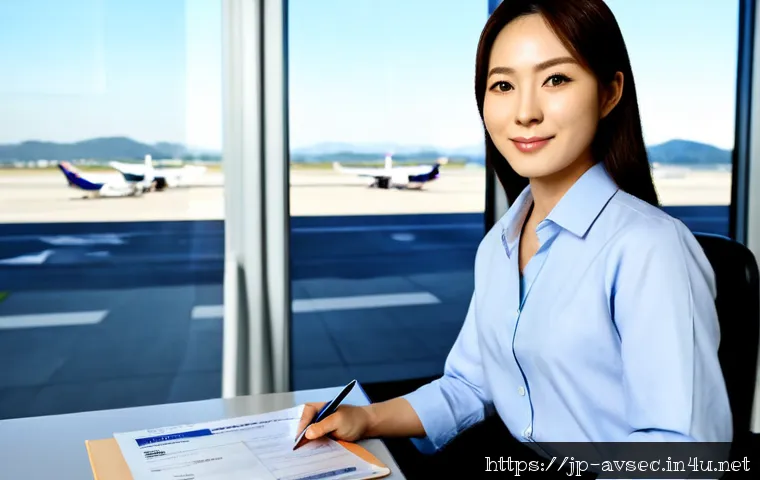 항공보안관리사 자격시험 합격 후기 - Photorealistic Japanese aviation security exam success scene, a relieved young professional in smart...