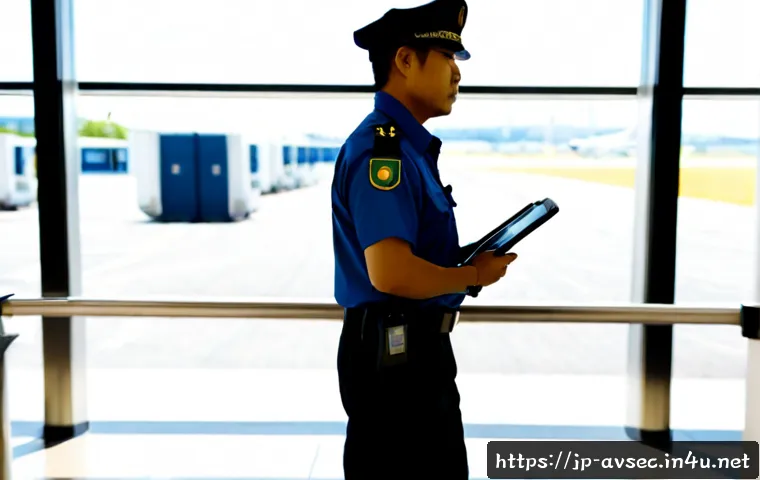 항공보안관리사와 공항 위협 관리 - Photorealistic airport security management scene, a professional Asian aviation security officer in ...